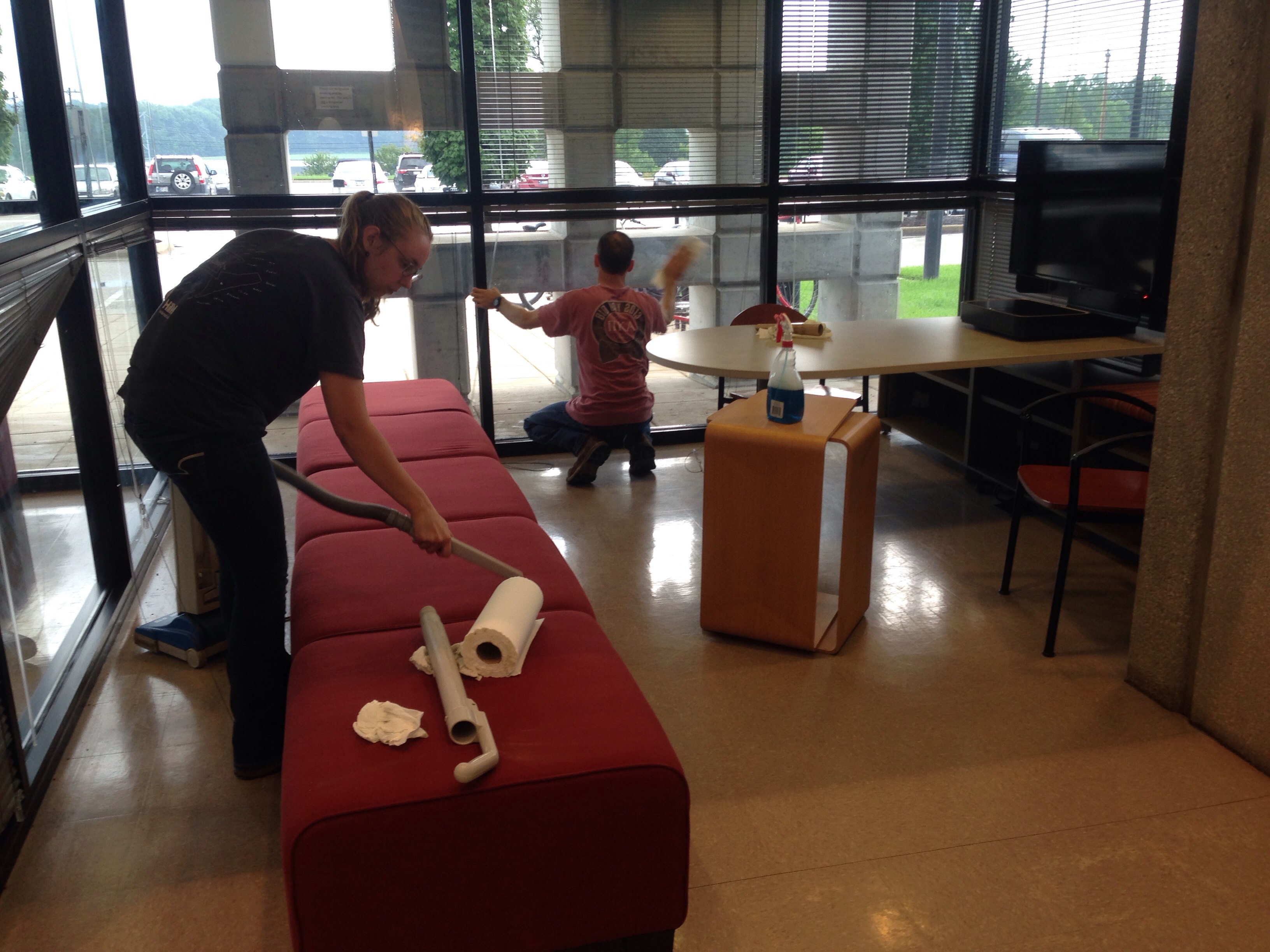Students Cleaning the lobby of Bowen Lab